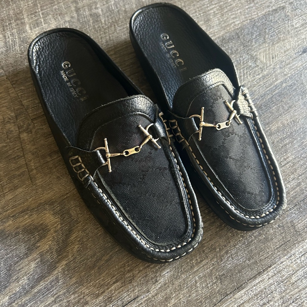 Gucci Black canvas mule Slip-On Loafers with Silver Accents